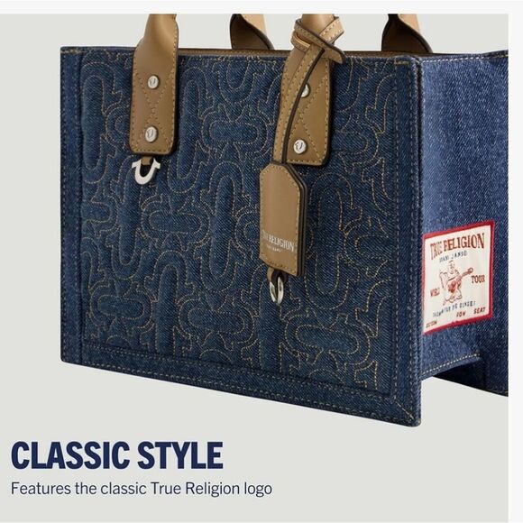 True Religion Quilted Horseshoe Modern Denim Tote Bag - Picture 4 of 16